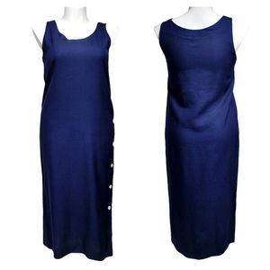 Vintage 80s Albert Nipon Womens Navy Blue Linen Tank Midi Dress Side Seam Button